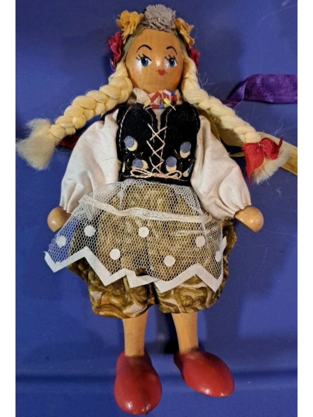 Handmade Wooden Doll With Braided Hair & Traditional Folk Outfit